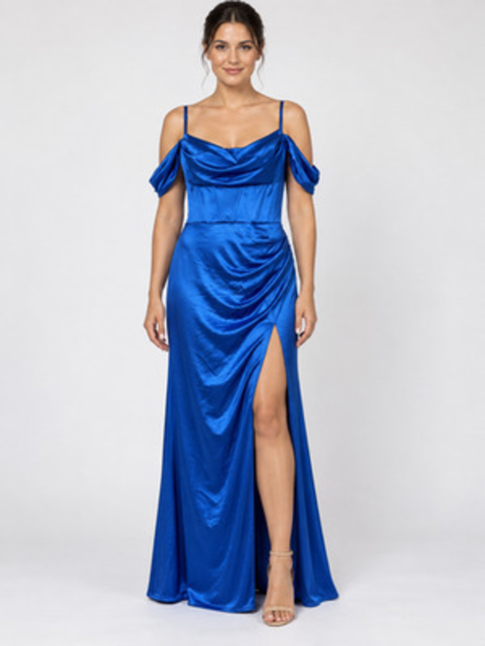 B Darlin Cobalt Blue Draped Cold Shoulder Ruched Gown Juniors 13/14